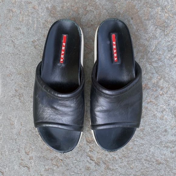 Vintage PRADA Linea Rossa Black Leather Platform Slides - Picture 2 of 4